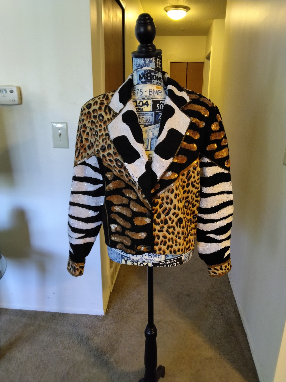 Vintage Modi Denim Statement Animal-Print Sequin Jacket - Black & Gold